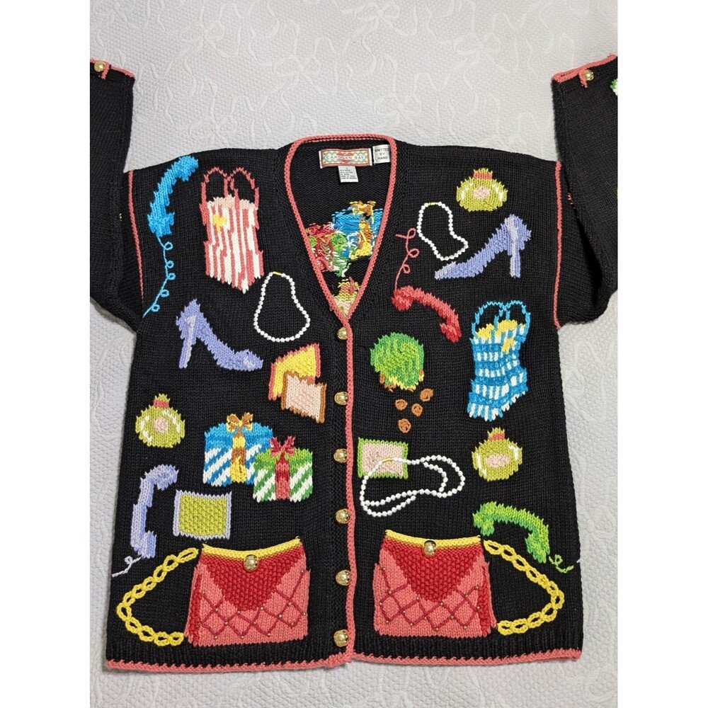Vintage Cardigan Large Hand Knit Sweater Shopping Stiletto Pearl Motif Gold Btns